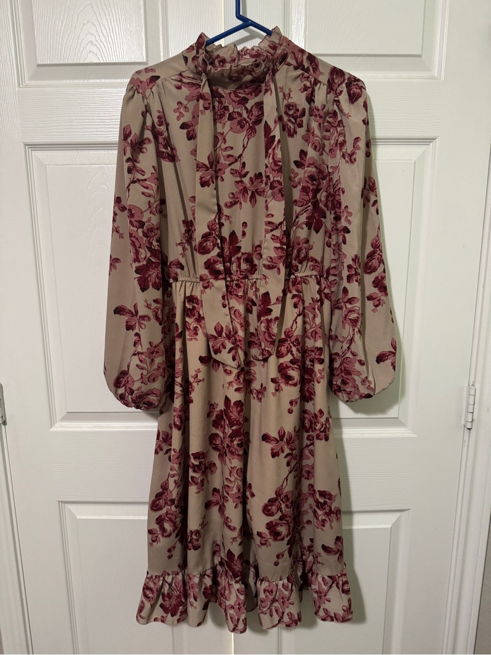 SHEIN Beige Midi Dress with Burgundy Floral Print